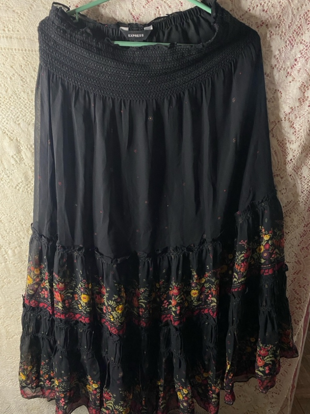 Express Black Vintage Maxi Skirt with Floral Border 100% silk